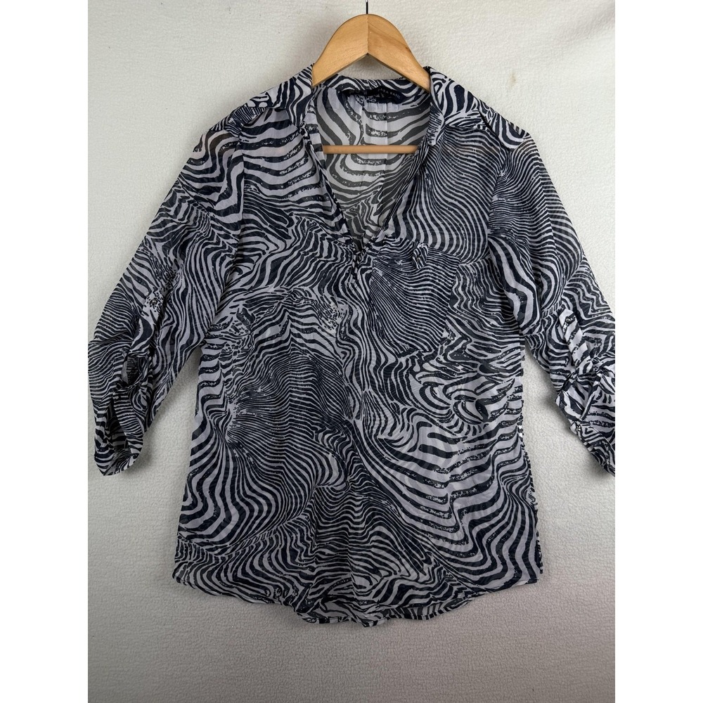 Zara Basic Womens Small Zebra Print Sheer Roll Tab Sleeve V-Neck Blouse Black